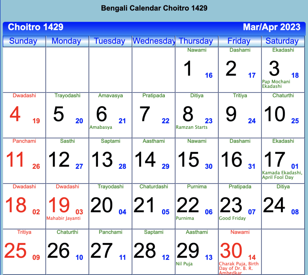 Bengali Calendar Choitro 1429 - March 2023