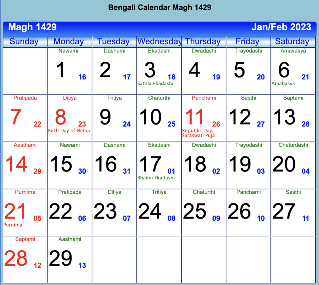 Bengali Calendar Magh 1429 - January 2023